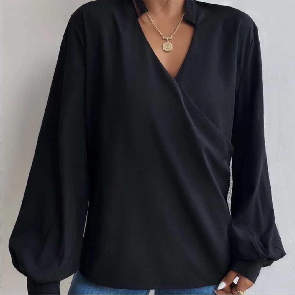 NEW! Luxe Surplice Semi Sheer Black Elegant Blouse! - Picture 2 of 5